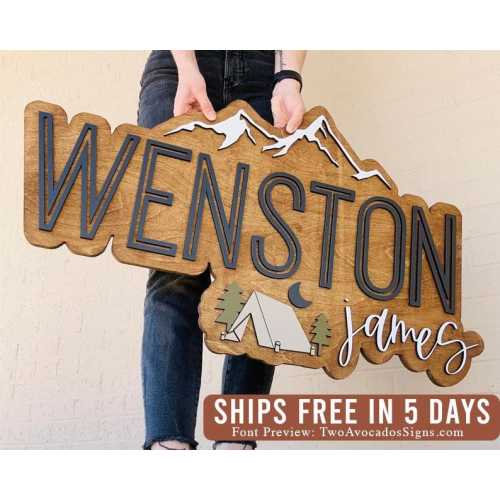 Mountains name sign, camping tent sign, large wood name sign, nursery name sign, outdoorsy nursery, layered baby name sign, cut out sign