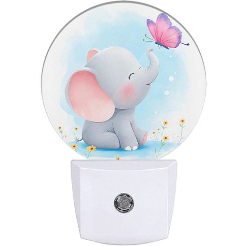 EKOBLA Watercolor Elephant Night Light Cute Little Elephant Play Butterfly Night Lights Plug into Wall with Dusk to Dawn Sensor Round LED Lamp for Girls Boys Nursery