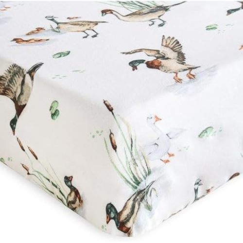 LifeTree Crib Sheets for Baby Boys Girls - Muslin Fitted Crib Sheets Neutral Toddler Bed Sheet Fits Standard Crib, 70% Viscose from Bamboo and 30% Cotton, Mallard Duck Pattern, 28in x 52in