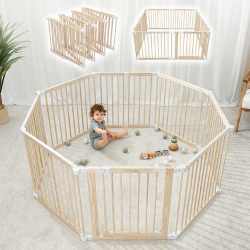 Baby Playpen & Baby Gate for Toddler and Babies, Foldable Wooden Large Shape Playpen with Locking Gate by Comfy Cub - Natural Wood