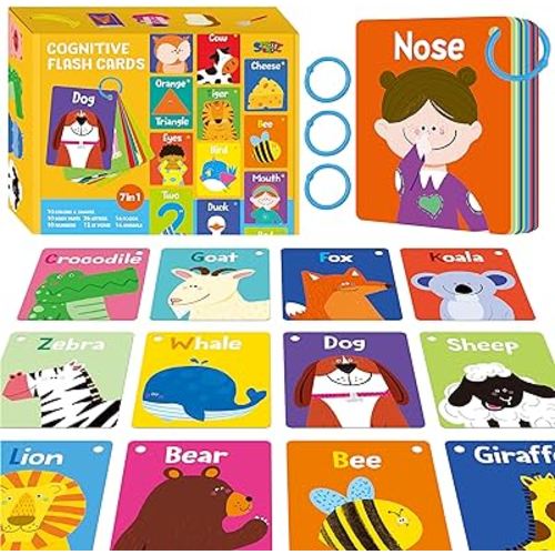 50 PCS Baby Cognitive Flashcards, Double Sided Printed 7 in 1 Colorful Cards Alphabet, Numbers, Foods, Animals, Shapes, Colors with 3 Reclosable Rings, Learning Tool for Pre-K Kindergarten Toddlers