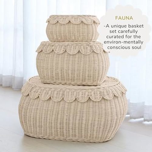 Large Scalloped Basket Set Of 3 - Hand-Woven & Award-Winning Scallop Basket - XXL - Extra Large for Blankets 22 x 16 x 10 In - Elegant Wicker With Scalloped Edge Lid (Natural)