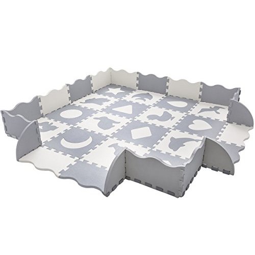 Superjare 36 Pieces Baby Play Mat, 0.56 Inch Thick Interlocking Foam Floor Tiles with 16 Patterns, Non Toxic Crawling Mat for Playroom & Nursery, Neutral Color for Infants, Baby & Toddler