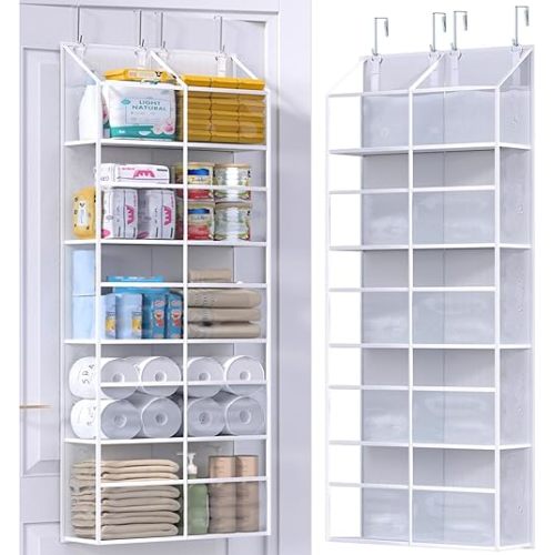 Clear Over The Door Organizer 5 Shelf, Door Hanging Organizer with 10 Large Capacity Pockets, Behind The Door Storage for Pantry Dorm Room Bedroom Closet Nursery and Sundries, White