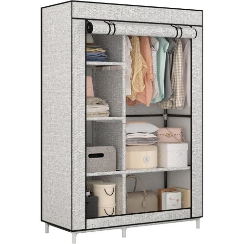 Calmootey Portable Closet Organizers, Clothing Storage, Wardrobe with 6 Shelves and Hanging Rod, Non-Woven Fabric Cover with 4 Side Pockets, Ash Grey