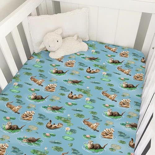 Cute Sea Otters Baby Crib Sheet - 52''x28'' Animal Snug Fitted Crib Mattress Cover for Boy & Girl - Watercolor Otters Pond Painting Soft Baby Bed Sheets for Standard Crib and Toddler Mattresses