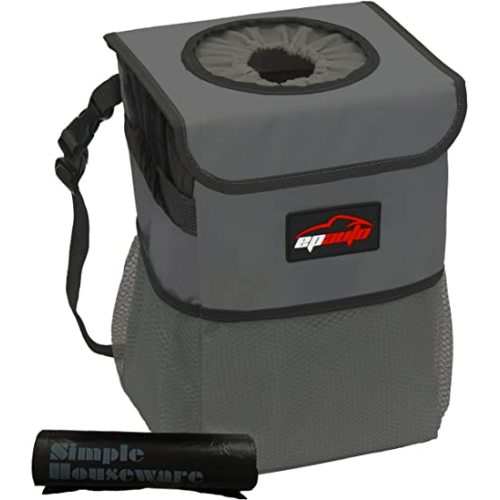 EPAuto Waterproof Car Trash Can with Lid and Storage Pockets, Dark Grey