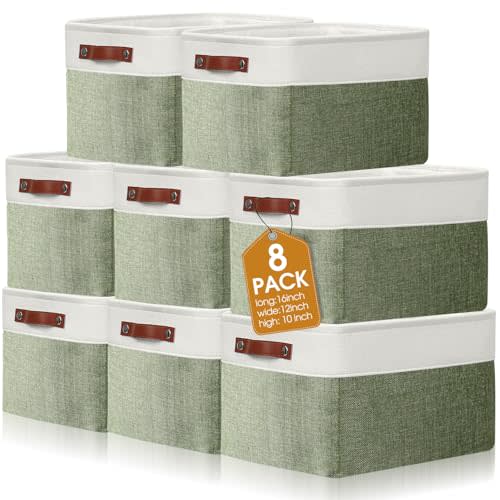Uiifan 8 Pack 16 x 12 x 10 Inch Large Storage Baskets Collapsible Fabric Storage Cubes Bins with Handles for Shelves Closets Nursery Home Clothes Toys Organizers, Green