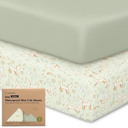 2-Pack Waterproof Pack and Play Sheets, Mini Crib Sheets Fitted for Boy, Girl - 38 x 26 Viscose from Bamboo Pack N Play Mattress Sheets for Graco, Toddler Playard Baby Crib Sheets Neutral (Foxtrot)