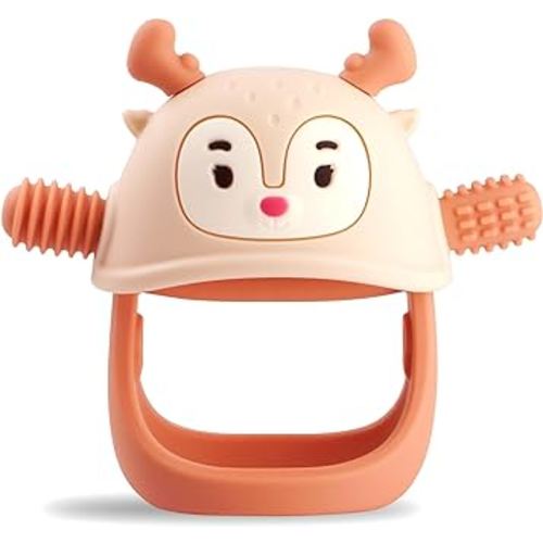 Smily Mia Teething Toys/Teethers for Babies 6-12 Months, Reindeer Baby Chew Toy 3-6 Months for Teething Relief, Get-A-Grip Baby Hand Teether, Silicone Teething Mittens for 0-6Months, Nude