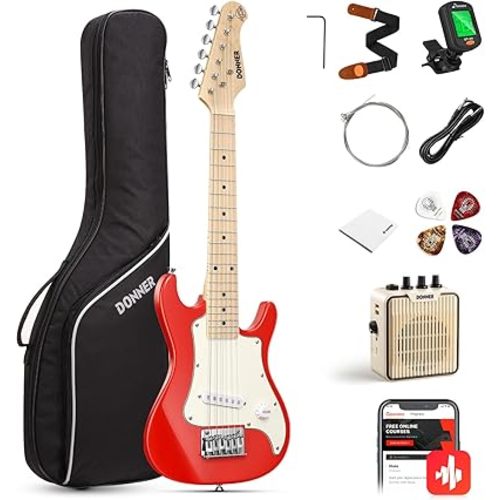 Donner 30 Inch Kids Electric Guitar Beginner Kits ST Style Mini Electric Guitar for Boys Girls with Amp, 600D Bag, Tuner, Picks, Cable, Strap, Extra Strings, DSJ-100, Red