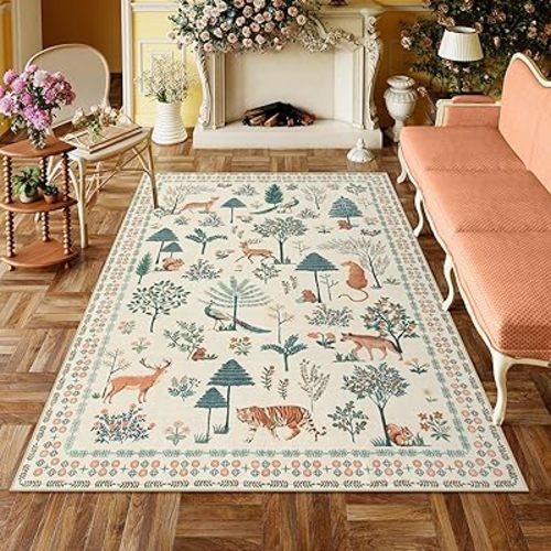 Lahome Jungle Kids Rugs for Bedroom Aesthetic, Animal Area Rugs 5x7 Playroom Living Room Rug Large Washable Tree Rug, Beige Nursery Rug Non Shedding Soft Indoor Carpet for Kids Classroom