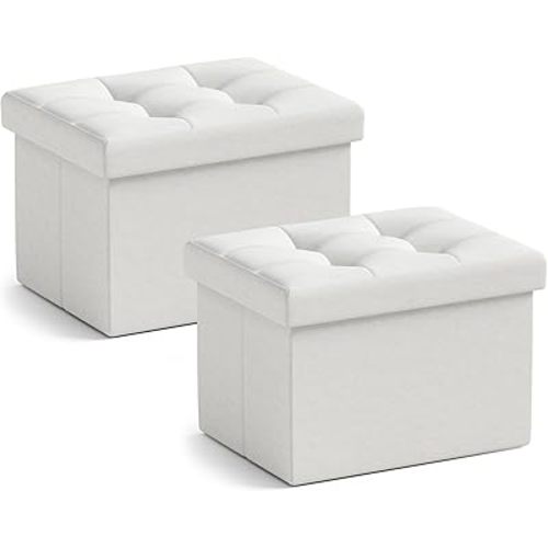 Ornavo Home Small Storage Ottoman, Set of 2, Foldable Collapsible Rectangle Linen Ottoman Foot Rest Stool Seat, for Living Room, Bedroom, Home Office, Dorm - 12 x 16 x 12, White
