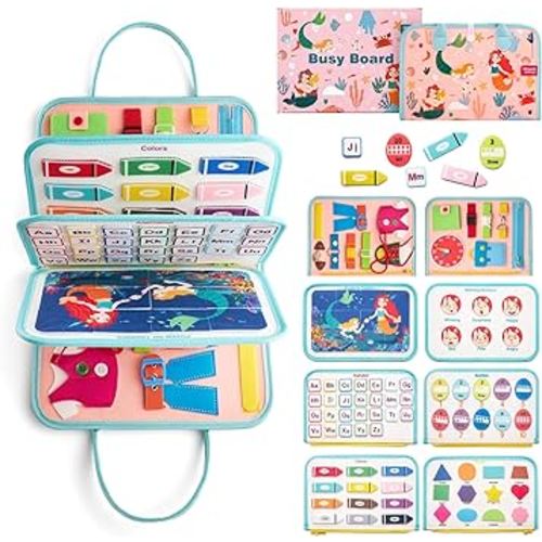 Busy Board Sensory Toys for Toddlers 1 2 3 4, Toddler Travel Activities Educational Toys, Montessori Toys for 2 3 4 Year Old Girls Gift, Mermaid