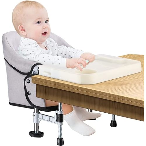 Hook on Chair with Removable Dining Tray, Portable Clip on High Chair Use at Most Tables, Table Attached high Chair with Carry Bag, Fast Table Chair Travel Feeding Seat for Baby & Toddlers (Grey)