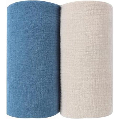 DaysU Muslin Baby Swaddle, Cotton Swaddling for Boy and Girl, Nursery Skin-Friendly Receiving Blanket for Newborns, Breathable Wrap 2 Pack, 47"x47"-Blue+Oatmeal