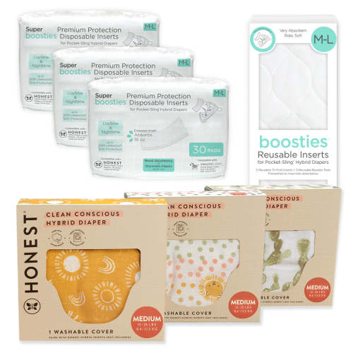 Honest® - Hybrid Diaper Starter Kit - Set of 3 Covers + Reusable Inserts (5 Tri-Fold + 5 Boosters) & 90pk of Boosties Disposable Inserts, Medium, 12-25 lbs