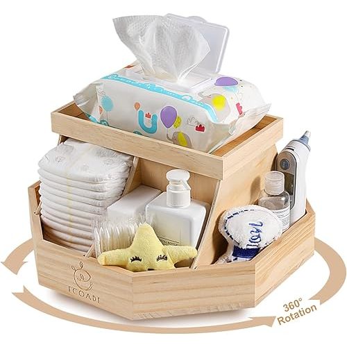 ECOADE Wooden Diaper Caddy Organizer - 360 Degrees Rotating Caddy with Removable Dividers, Nursery Diaper Organizer