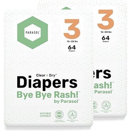 PARASOL Clear+Dry Disposable Diapers, RashShield Protection, Leakproof Design, Hypoallergenic, Size 3 (16-28 lbs), 128 Count
