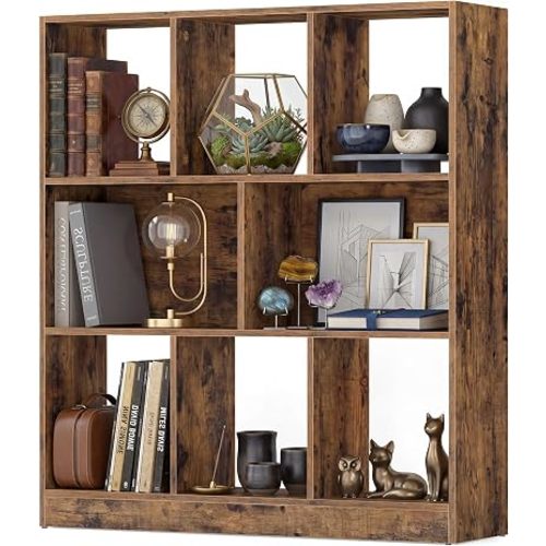 SONGMICS HOME Bookshelf, Storage Shelf with 9 Open Compartments, Bookcase Organizer Unit for Home Office, Living Room, Dining Room, 35.6-Inch Wide, Brown