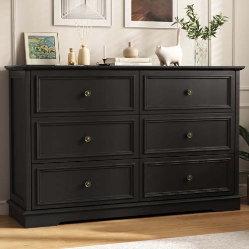 IDEALSOUL Black Dresser,6 Drawer Dresser for bedroom,Retro Wood Storage Cabinet for Living Room