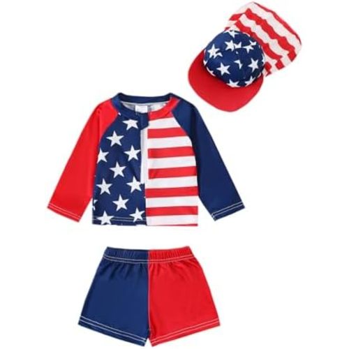 DuAnyozu Baby Boys Swimsuit Long Sleeve Rash Guard Swimwear Baby Boy Swim Trunk with Hat Set 3-Piece Toddler Bathing Suit