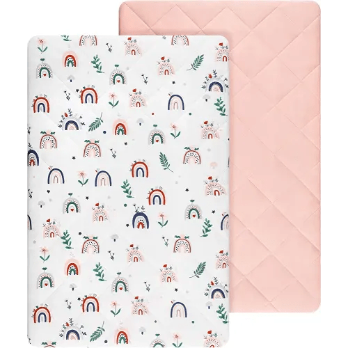 TILLYOU Pack n Play Sheet - Rainbow Flower Print & Pink, 2-Pack, 39"x27"x5", Waterproof, Easy to Care for, Fits Standard Crib Mattresses