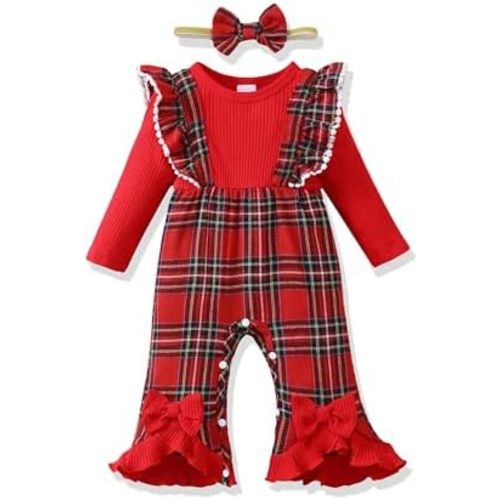 Renotemy Newborn Baby Girl Clothes Fall Winter Outfit Ribbed Romper Plaid Overalls Jumpsuit Infant Girl Outfits 0-18 Months