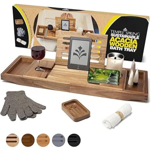 Temple Spring Bathtub Caddy Tray - Extendable Bath Tray for Bathtub with Candle, Wine Glass, Book, Pad & Phone Holders - Adjustable Bathtub Tray Over tub w/Bathroom Accessories - Acacia Wood
