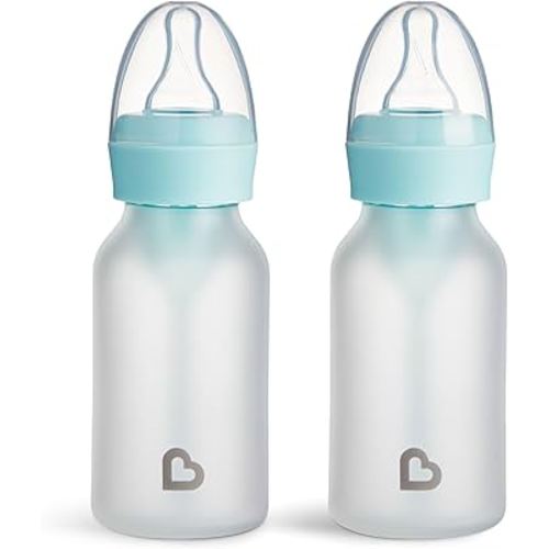 Munchkin Bond Silicone Coated Glass Baby Bottles - Anti-Colic Feeding System with Natural Feel Nipples, 4 Ounce, 2 Pack, Blue