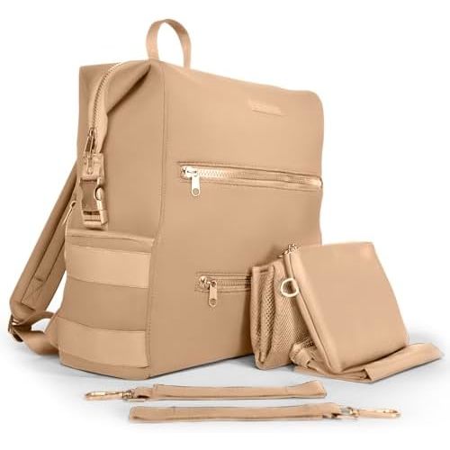 BUNSO Neoprene Diaper Bag, Minimalist Backpack Diaper Bag with Pouch, Changing Pad, and Stroller Straps, Water Resistant and Lightweight Baby Diaper Bag Backpack, Womens and Mens Diaper Bag, Khaki