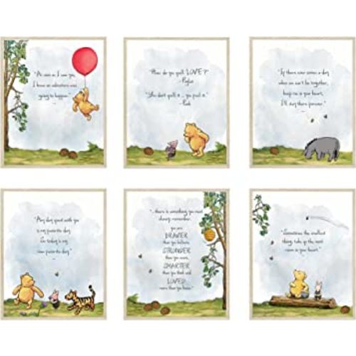 HerZii Prints Classic Winnie The Pooh Wall Art Decorations Set of 6 8x10 inch - Nursery Playroom Home Decor - Baby Shower Decorations