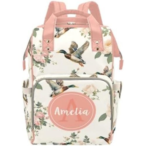 Personalized Mallard Diaper Bag for Baby Girls, Custom Name Diaper Backpack for Mom, Customized Women Wild Duck Backpack Daypack, Shoulder Bag for Mommy Travel Hiking Camping