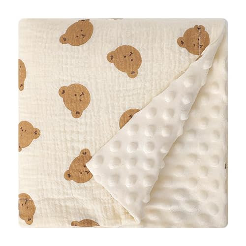 Knirose Fluffy-Backed Swaddle Blankets Baby Double Layer Muslin 100% Cotton Front Nursery Plush Dotted Fleece Back Receiving Bed Quilt Blanket for Unisex Newborn Baby Toddler Boys Girls 30 x 41 Inches