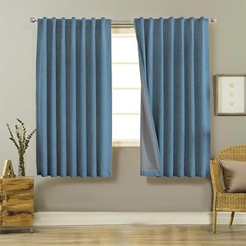 Joydeco 100% Black Out Curtains 63 inch Long 2 Panels Burg Natural Blackout Linen Drapes for Bedroom Living Room Darkening Curtain Thermal Insulated Back tab Rod Pocket(52x63 inch,Sky Blue)