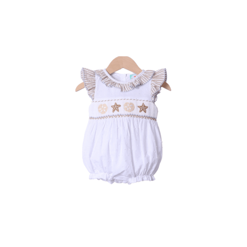 Smocked Starfish White Swiss Dot Ruffle Bubble