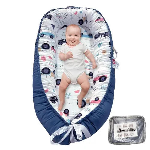 Baby Lounger, 100% Breathable Cotton Baby nest, Portable Infant Lounger (Blue)