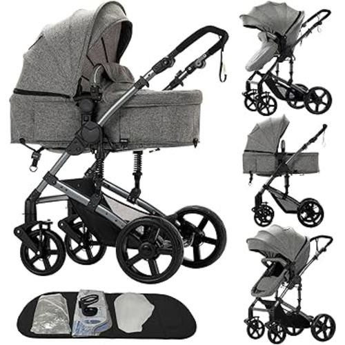 2 in 1 Baby Stroller Reversible Portable Standard Baby Stroller Convertible Pushchair Infant Buggy Baby Carriage Foldable High Landscape Pram for Toddler Newborn (2US588-GREY)