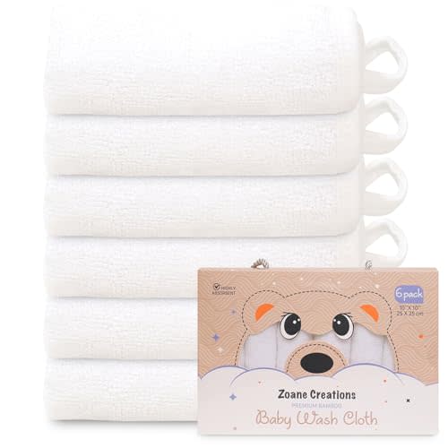 Zoane Creations Premium Baby Wash Cloths for Babies – Ultra-Soft, Highly Absorbent, 500 GSM, 10x10 in, Pack of 6, Baby washcloths for Newborns and Toddlers (White)
