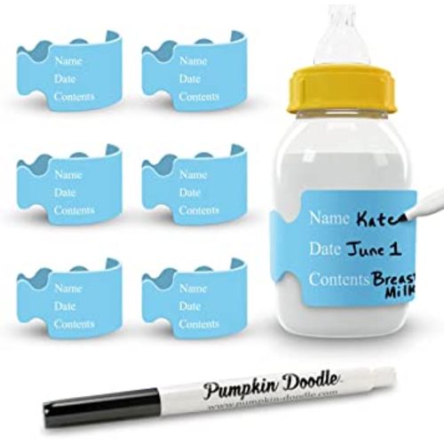 Pumpkin Doodle-The Original Write and Reuse Baby Bottle Labels for Daycare (Blue-Small) Compatible with Dr. Brown's 4oz Bottle…