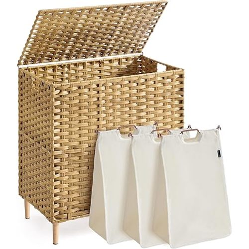 SONGMICS 3-Section Laundry Hamper with Lid, 42.2 Gal (160L) PE Rattan Laundry Basket with Removable Washable Liners, for Bedroom & Living Room, Goose Yellow ULCB223YE01
