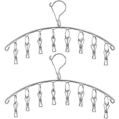 Stainless Steel Laundry Drying Rack Clothes Hanger with Windproof Hook,Underwear Hanger,Clothes Hangers with 8 Clips for Drying Socks,Diapers,Baby Clothes(2 Pack)