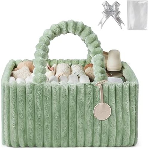 Blissful Diary Flannel Diaper Caddy Organizer, included Gift Packaging, Cozy Nursery Storage Basket, Gift for Baby Shower, Newborn Essentials, Sage Green