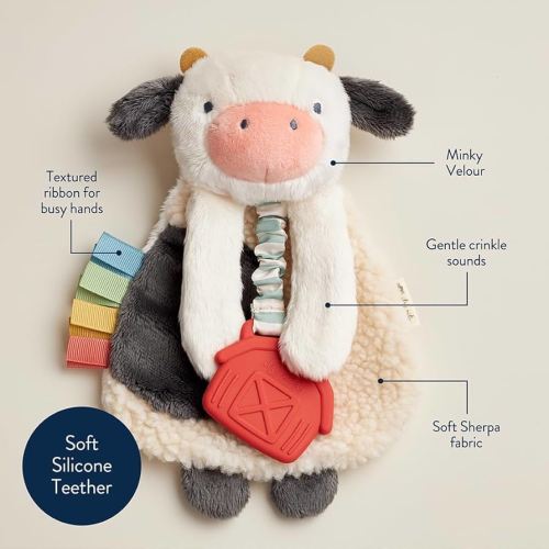 Amazon.com : Itzy Ritzy - Itzy Lovey Including Teether - Baby Lovey with Teether, Textured Ribbons & Dangle Arms - Features Crinkle Sound, Sherpa Fabric and Minky Plush (Cow) : Baby