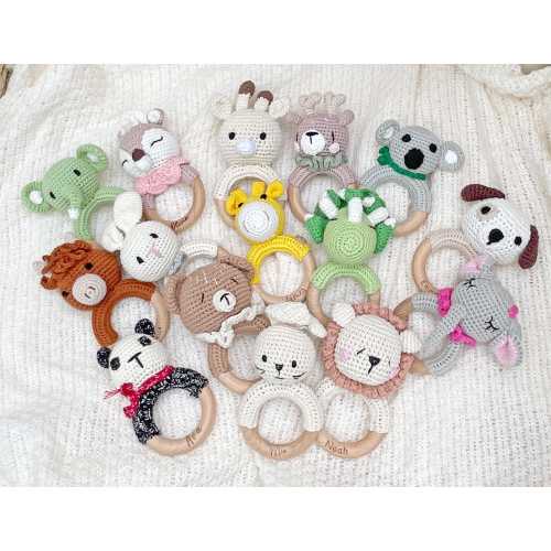 Crochet Toy Rattle for Babies, Personalized Wooden Rattle Ring for Newborn Gift, Gift for Nephew Niece, Newborn Gift