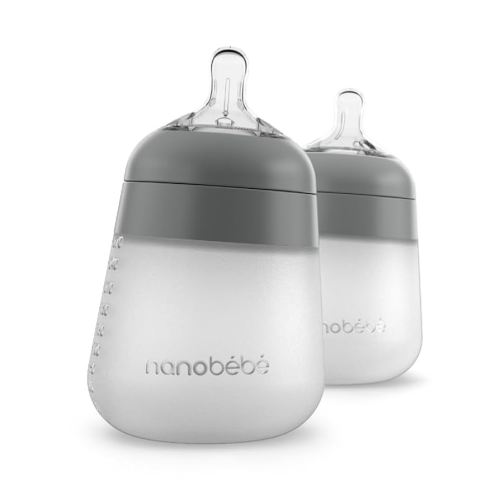 Nanobébé Flexy Silicone Baby Bottle, Anti-Colic, Natural Feel, Non-Collapsing Nipple, Non-Tip Stable Base, Easy to Clean 2-Pack, Grey, 9oz