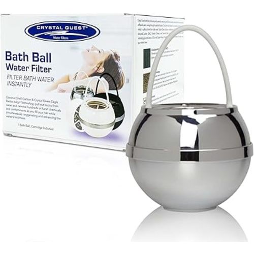 Crystal Quest Bath Ball Water Filter for Bathtub - 3-Stage Filtration, Removes Chlorine, Chloramine & Byproducts, 2,500 Gallons, BPA Free, pH Balanced Water, Fits Most Tubs, Easy Install - Chrome