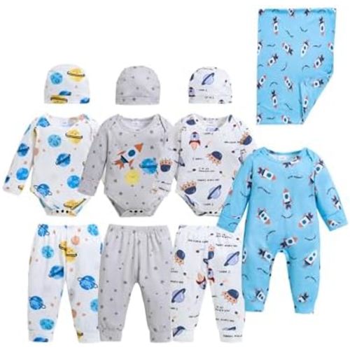 Renotemy Newborn Baby Boy Clothes Essentials 11-Piece Layette Set with Bodysuits, Pants, Hats, Blanket-Infant Unisex Outfit