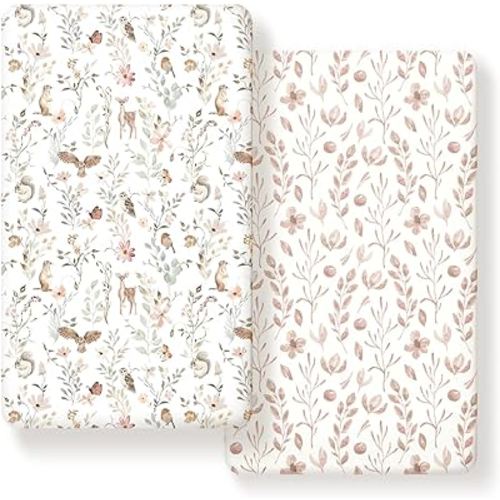 GRSSDER Stretch Ultra Soft Jersey Knit Fitted Crib Sheets Set 2 Pack,Fit All Standard Crib Mattress Pads Safe and Snug, Crib Fitted Sheet for Girls, Beautiful Blush Pink Floral and Cute Animals Print