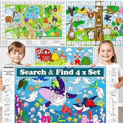 QUOKKA Giant Coloring Posters for Kids – 4-Pack 2x3 Ft Large Coloring Sheets with Educational Tasks – Floor & Wall Activities for Markers, Crayons, Paints – Classroom & Party Supplies for Ages 3-5